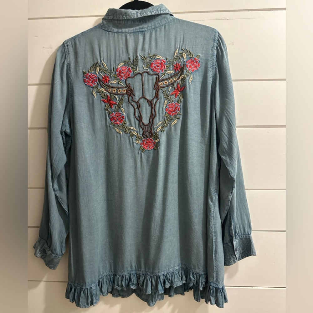 Vintage Scully Embroidered Double Side Chambray Shirt Large Boho Western Cowgirl